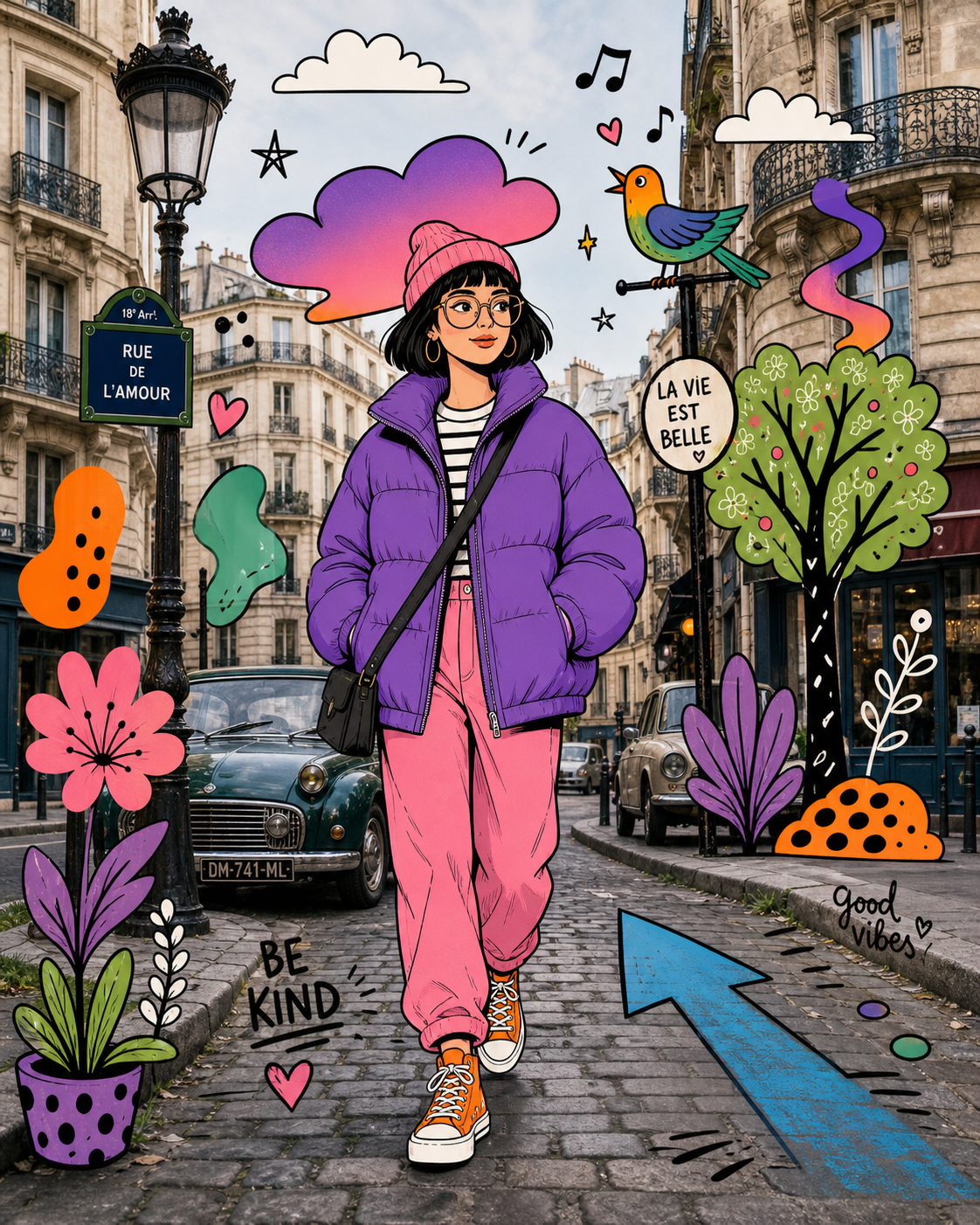 Mixed-Media European Street Collage AI image prompt example